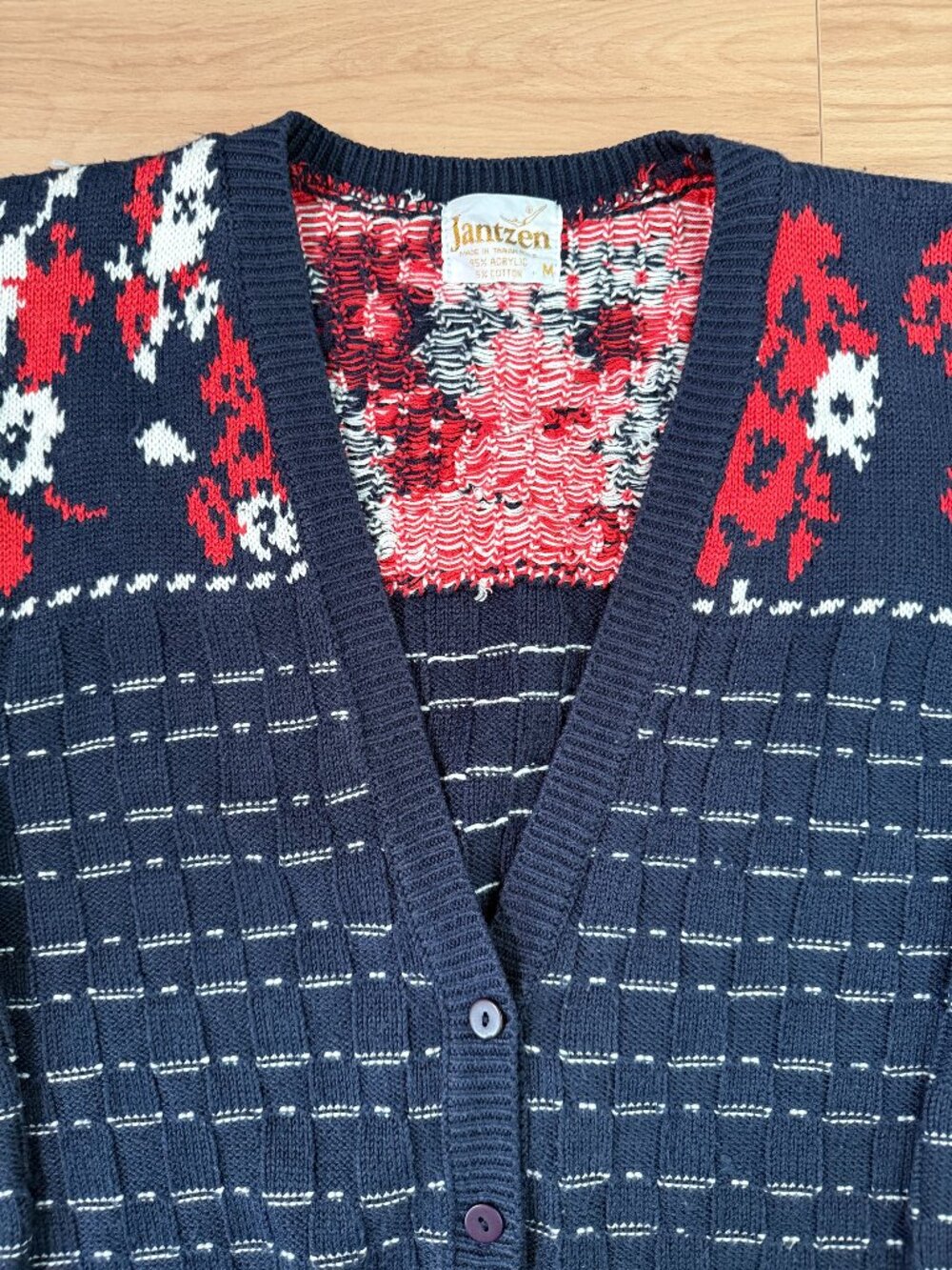 Vtg 70s Jantzen Knit Cardigan Sweater Navy Blue Red Nordic Floral Grandpa Size M